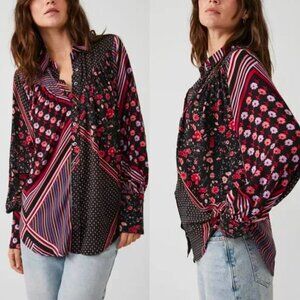 🦋 FREE PEOPLE Multicolored Button Down Hazel Blouse Black Patchwork Floral Boho